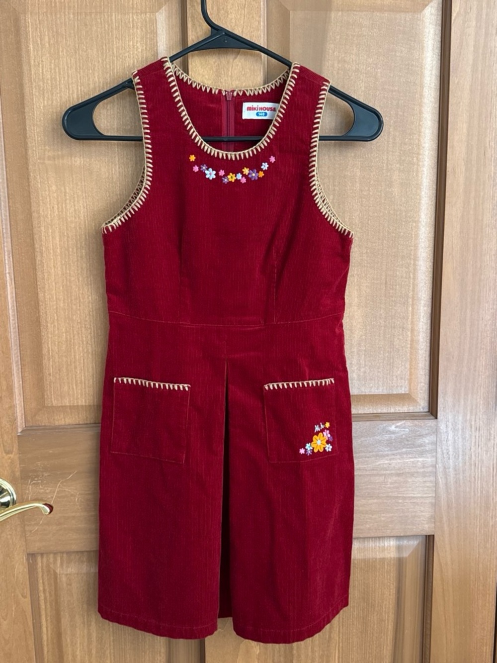 Mikihouse Girls' Red Corduroy Pinafore Dress with Floral Embroidery